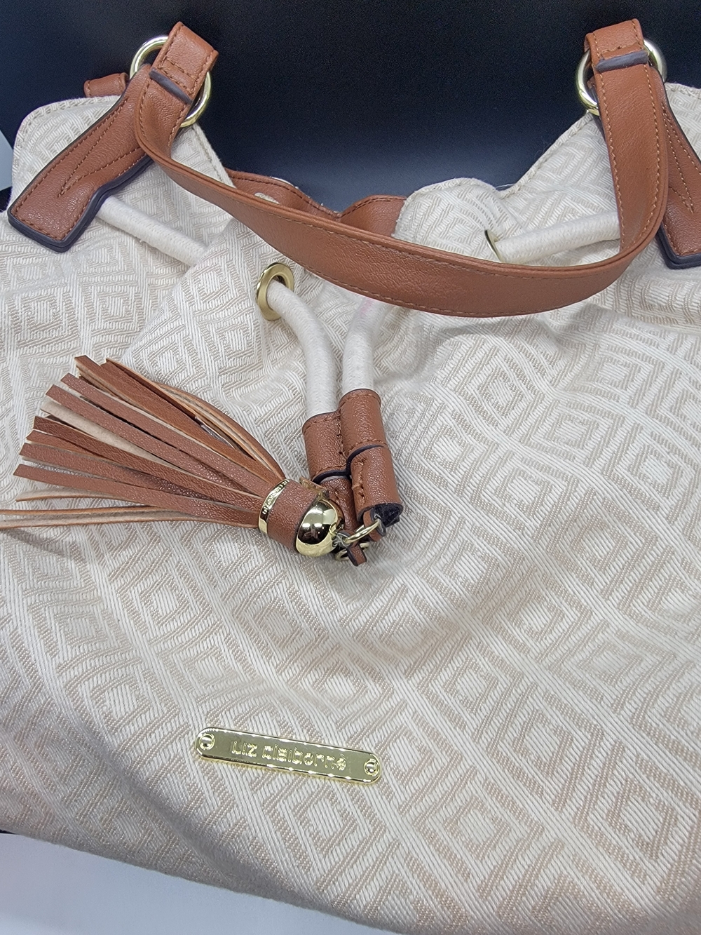 Liz Claiborne Cream Tote with Tan Leather Trim and Tassel